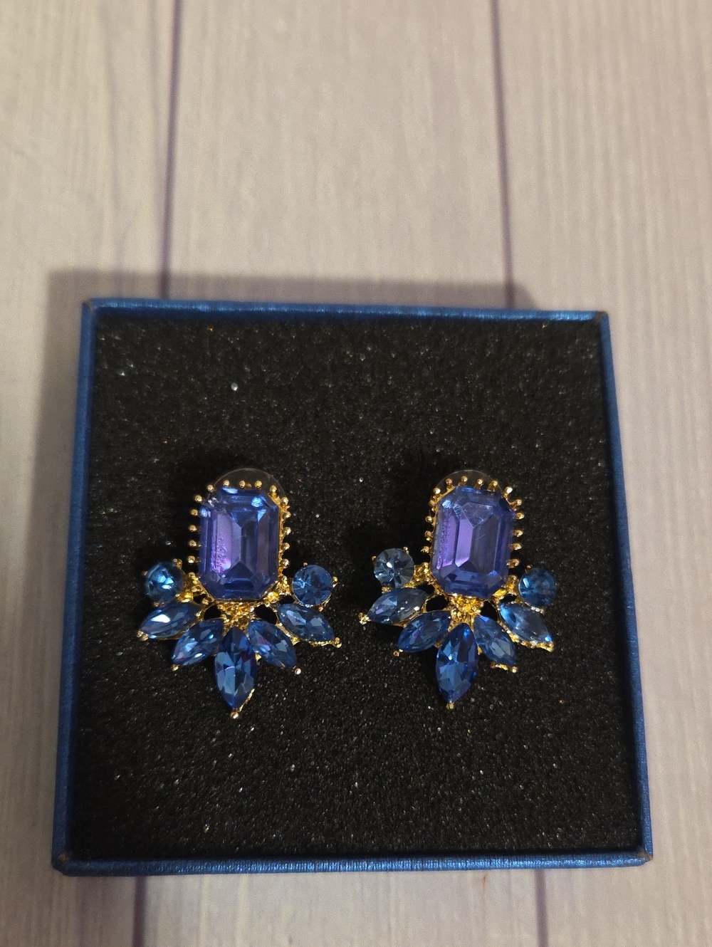 Gold-Tone Blue Crystal Statement Stud Earrings